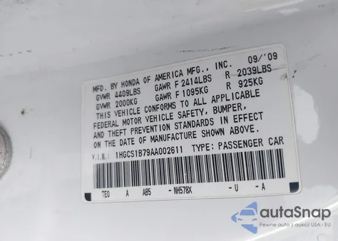 2010 Honda Accord 2.4 Ex z USA, uszkodzony, nr VIN 1HGCS1B79AA002611